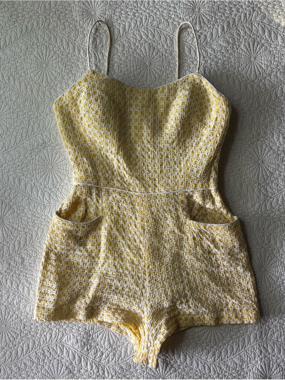 Vintage 1960s BONWIT TELLER Yellow & White Swimsuit Romper w Pockets! / 25 waist
